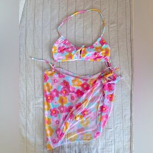 3 Piece Pink, Orange, & Blue Floral Bikini and Coverup